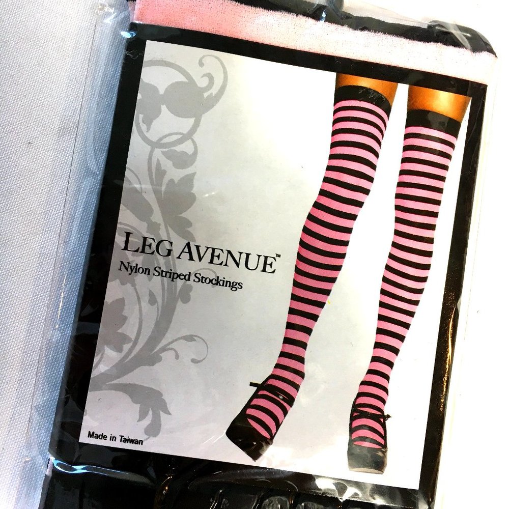 * Leg Ave #6005 Thigh High Soft Pink & Blk Stripe NWT NOS